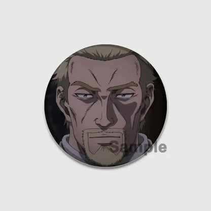 Vinland saga thorfinn button brooch featuring anime character with grayish brown hair on glossy tinplate soft badge