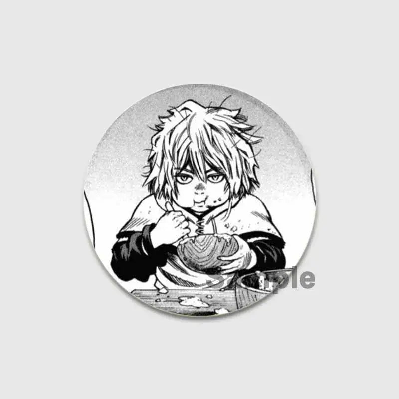 Circular black-and-white vinland saga thorfinn button brooch featuring a manga-style spiky-haired anime character illustration