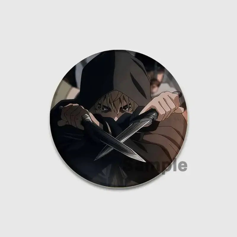 Circular vinland saga thorfinn button brooch featuring an anime character in a dark cloak with crossed knives on tinplate