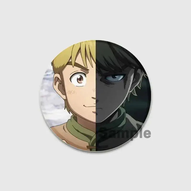 Vinland saga thorfinn button brooch featuring a circular tinplate soft badge with split-face blonde and dark hair design
