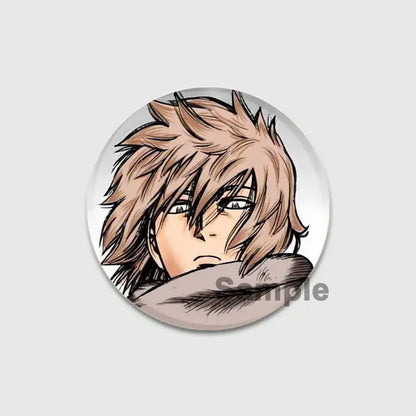 Circular vinland saga thorfinn button brooch with spiky hair anime character line art on glossy white tinplate badge