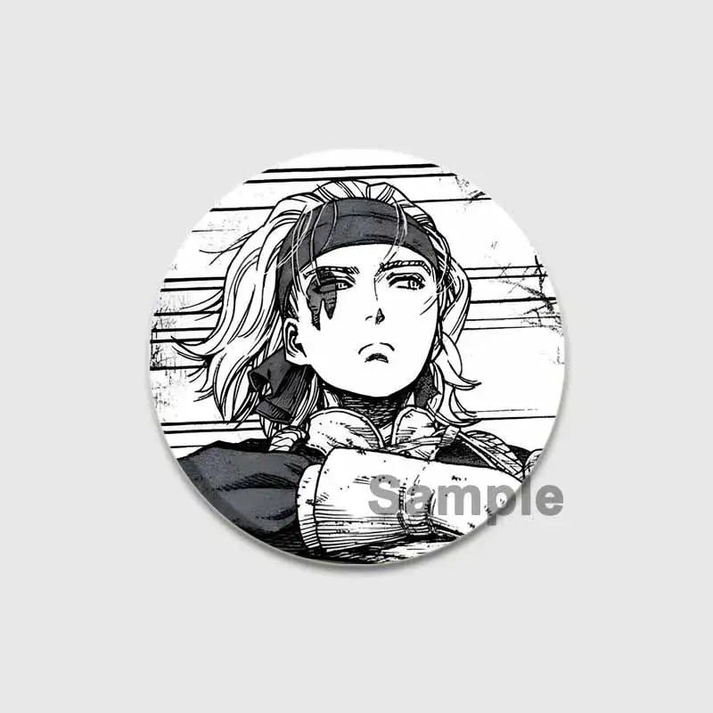 Circular black-and-white vinland saga thorfinn button brooch featuring anime character with long hair and headband