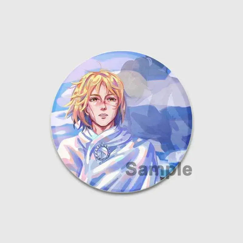 Circular vinland saga thorfinn button brooch featuring anime-style blonde character in white and blue on tinplate badge