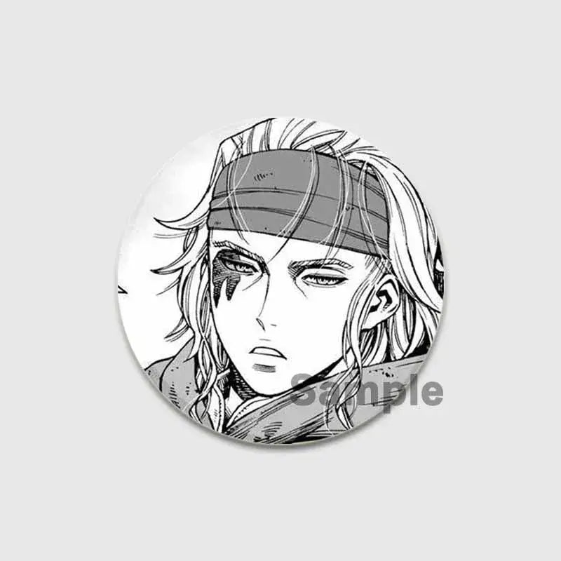 Circular black-and-white vinland saga thorfinn button brooch featuring anime character with long hair and eye markings