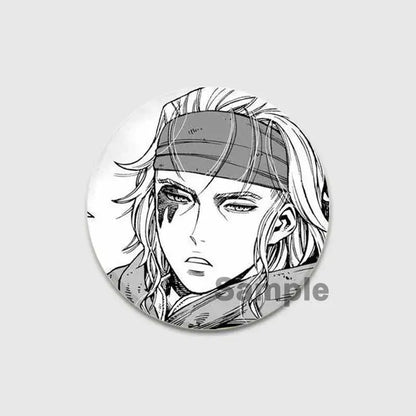 Circular black-and-white vinland saga thorfinn button brooch featuring anime character with long hair and eye markings