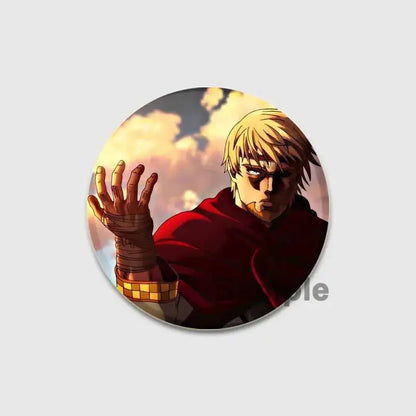 Vinland saga thorfinn button brooch featuring anime character with blonde hair and red cloak on tinplate soft badge