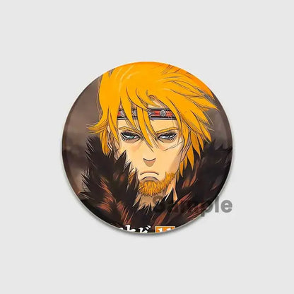 Circular tinplate soft badge featuring vinland saga thorfinn with vibrant orange hair and patterned headband brooch