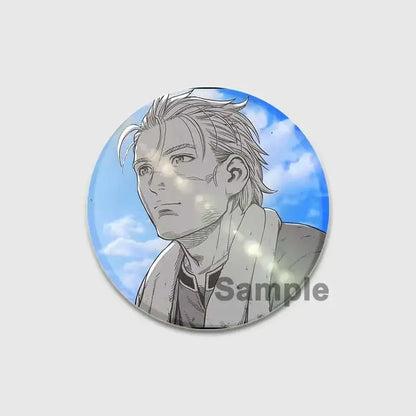 Circular vinland saga thorfinn button brooch with anime illustration on tinplate soft badge against blue sky