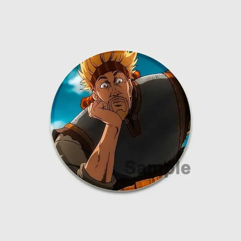 Circular vinland saga thorfinn button brooch featuring an anime character with spiky blonde hair on blue sky background