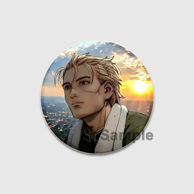Circular vinland saga thorfinn button brooch featuring anime-style blonde thorfinn against a sunset backdrop in tinplate