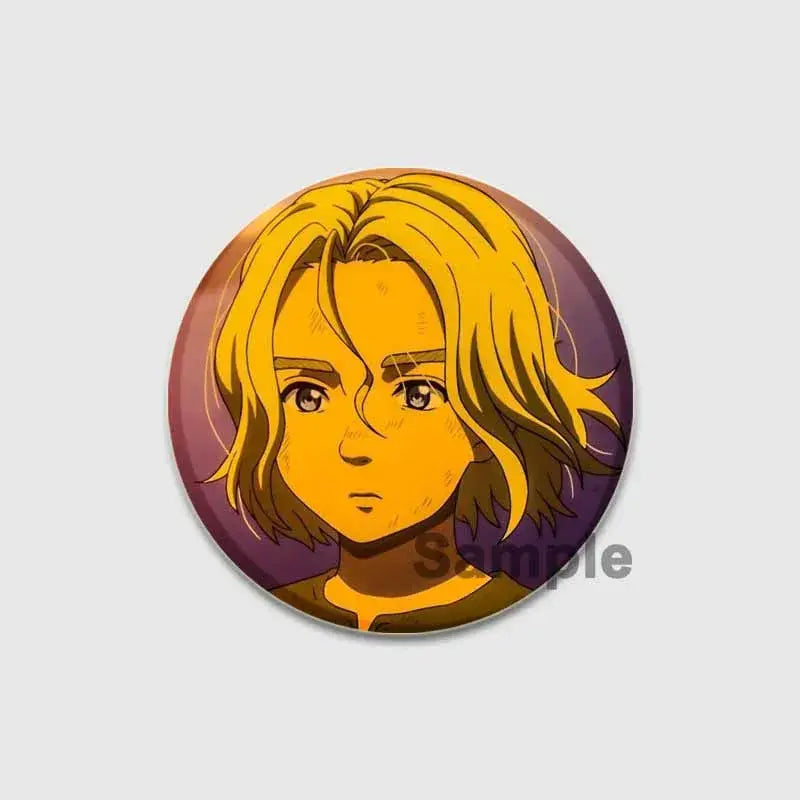 Circular vinland saga thorfinn button brooch with anime portrait and golden hair on gradient purple tinplate badge