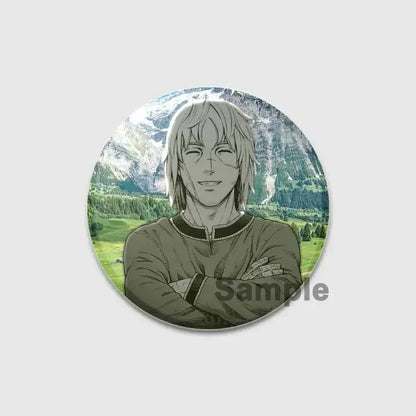 Vinland saga thorfinn button brooch tinplate featuring anime young man with light hair crossed arms mountain backdrop
