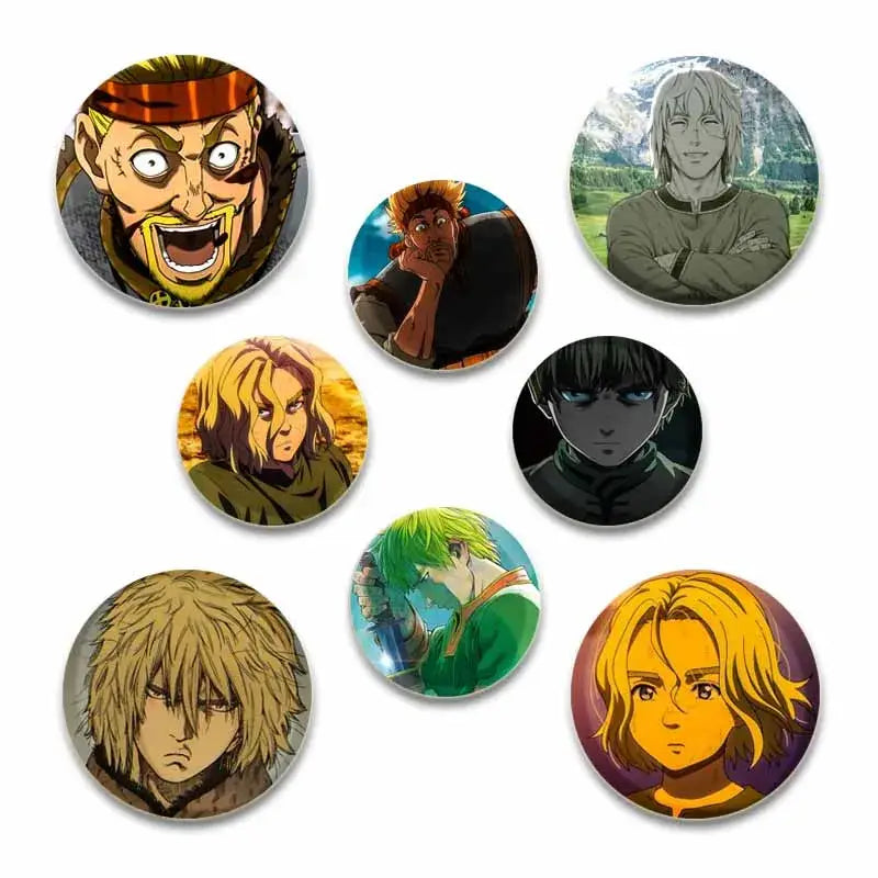 Set of seven glossy vinland saga thorfinn button brooch pins featuring vibrant tinplate soft badge illustrations