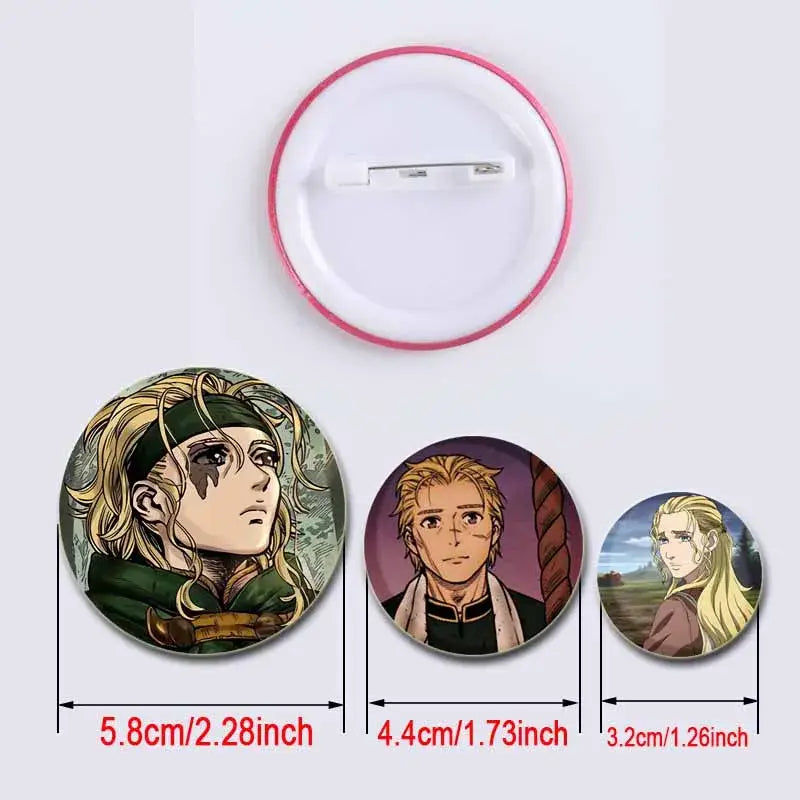 Three circular vinland saga thorfinn button brooches with pink rims featuring detailed blonde anime characters in tinplate badges