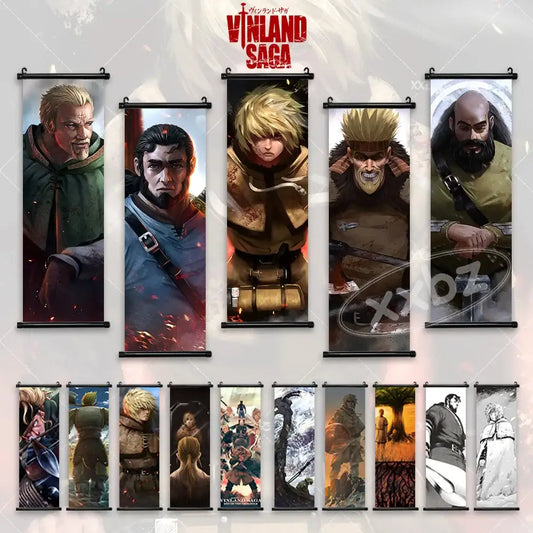 Vinland saga canvas poster wall art featuring five illustrated portraits on black-framed scrolls for wall decoration