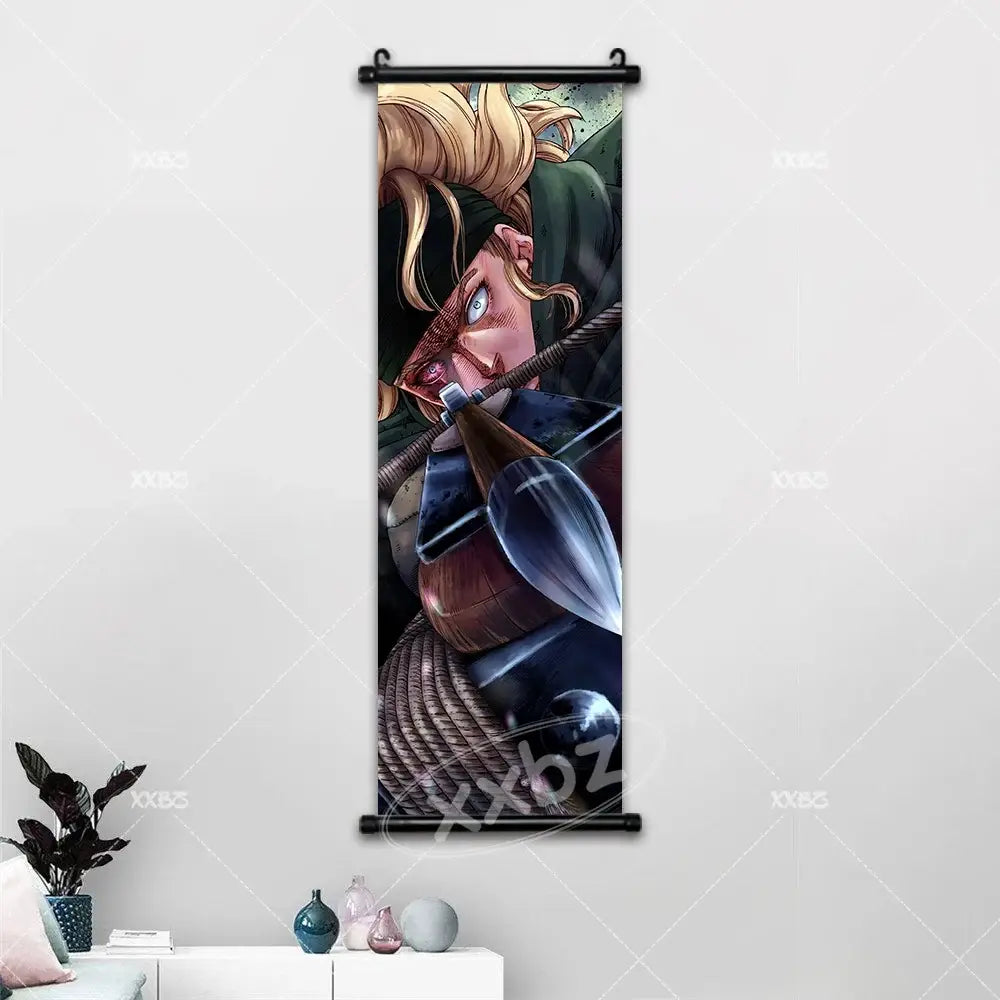A vinland saga canvas poster wall art featuring a vertical scroll with a detailed blonde armored character illustration