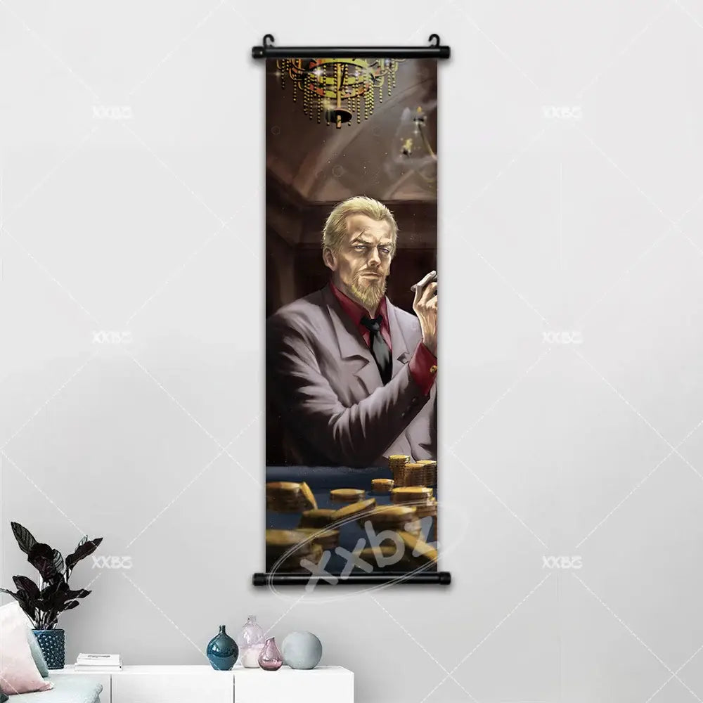 A vinland saga canvas poster wall art features a detailed illustration of a blond man in a gray suit holding a cigarette