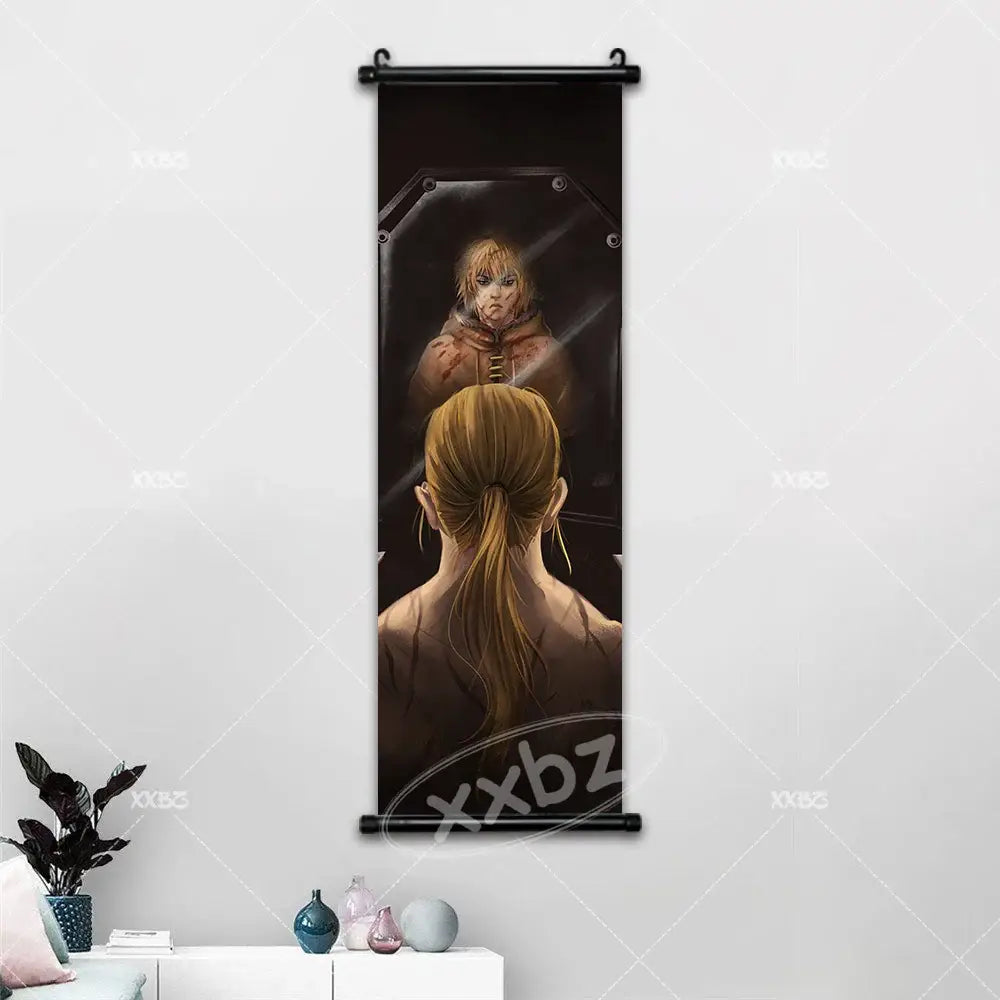 Black vinland saga canvas poster wall art featuring blonde-haired Thorfinn and reflected figure on a roller frame