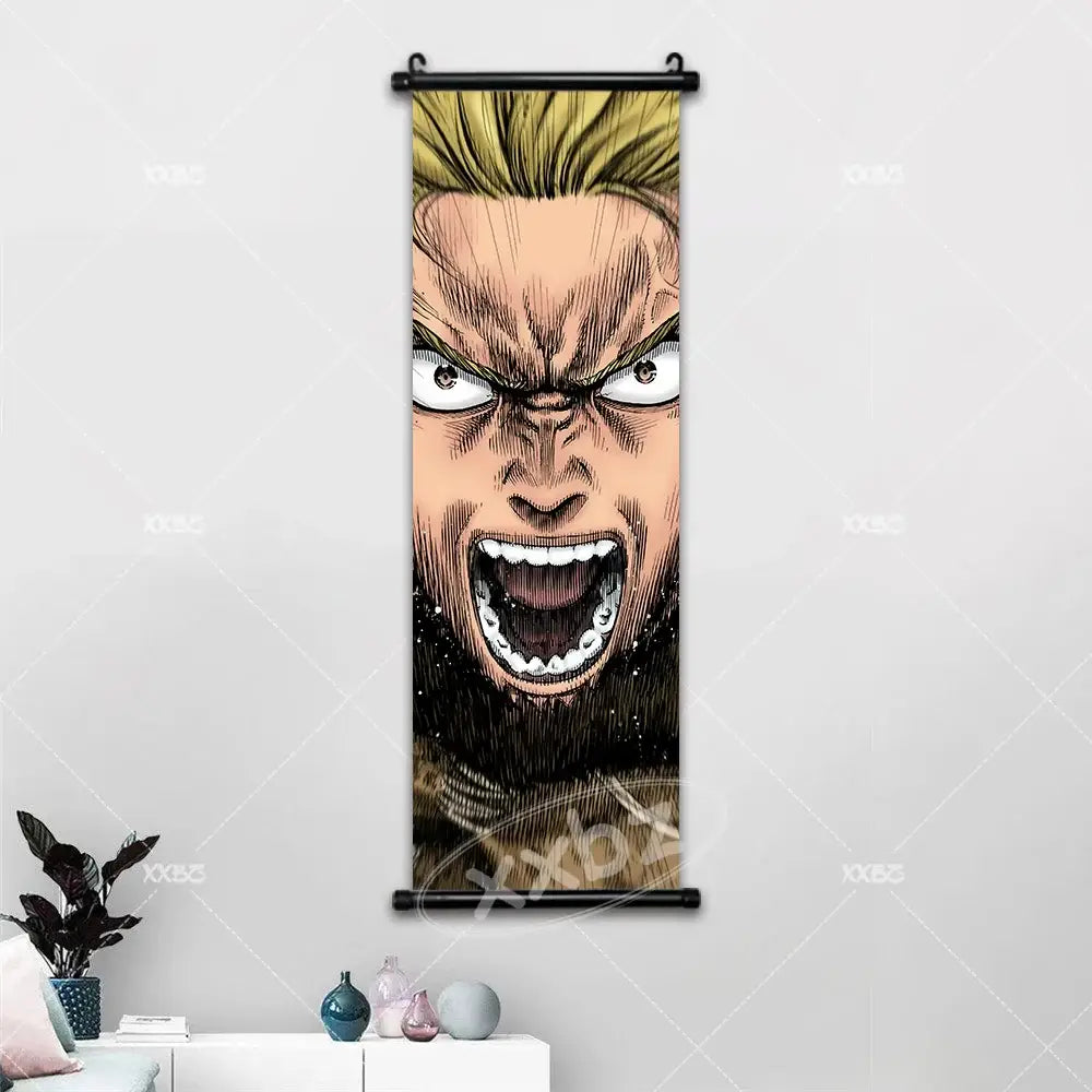 Black-framed vinland saga canvas poster wall art featuring spiky blonde character with intense expression