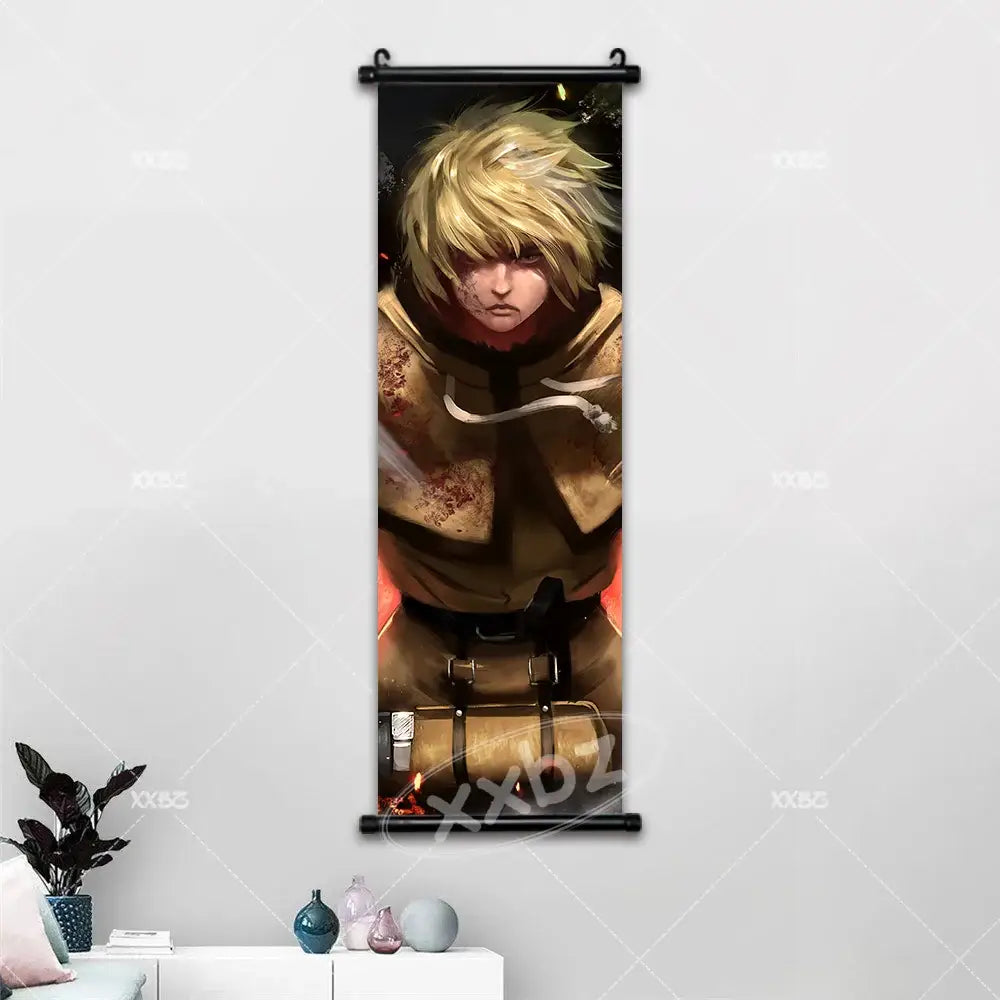 Vinland saga canvas poster featuring anime character thorfinn with blonde hair and brown blood-stained outfit wall art