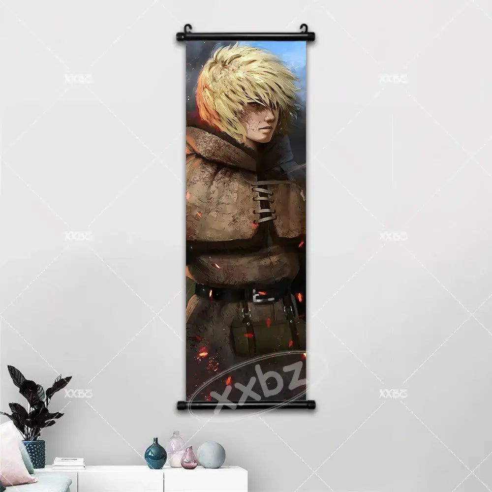 Vinland saga canvas poster featuring a blonde armored character with fiery accents in earth tones wall art scroll