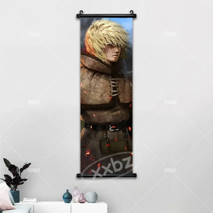 Vinland saga canvas poster featuring a blonde armored character with fiery accents in earth tones wall art scroll