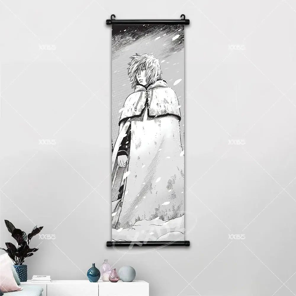 Black-and-white anime-style vinland saga canvas poster featuring thorfinn in a snowy scene wall art mounted on wall