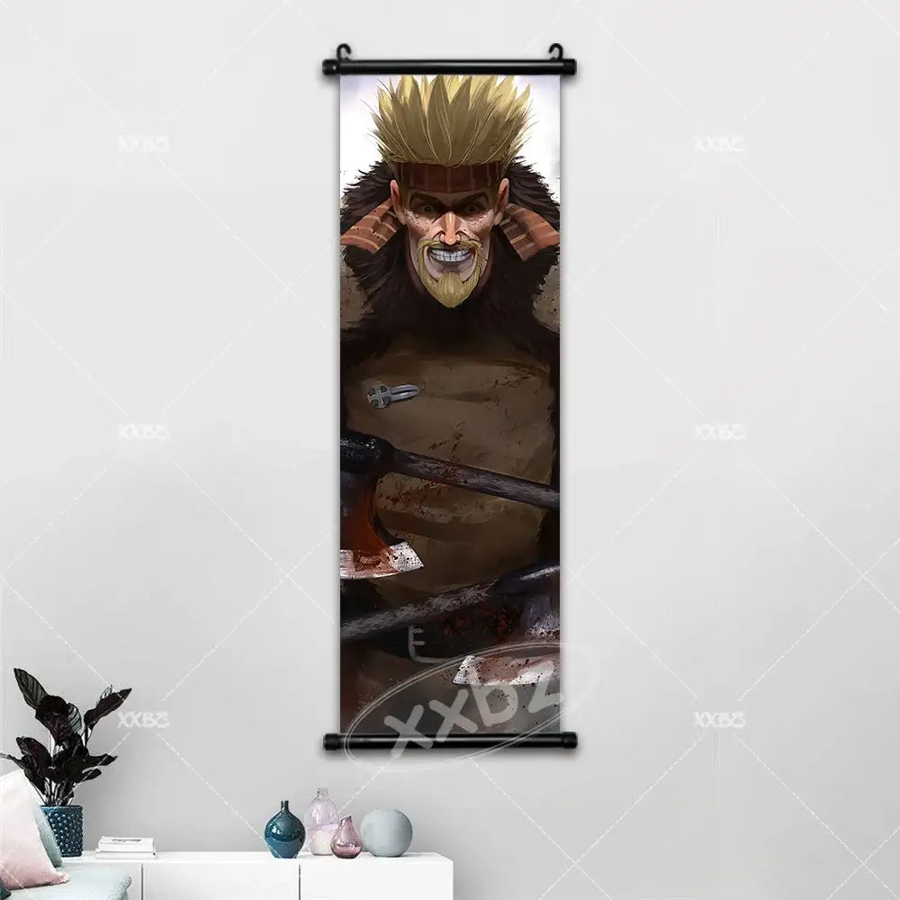 Vinland saga canvas poster wall art featuring a fierce bearded warrior with spiky hair in fur-lined armor on a scroll