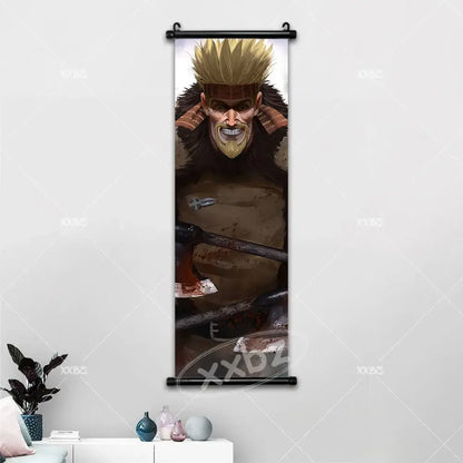 Vinland saga canvas poster wall art featuring a fierce bearded warrior with spiky hair in fur-lined armor on a scroll