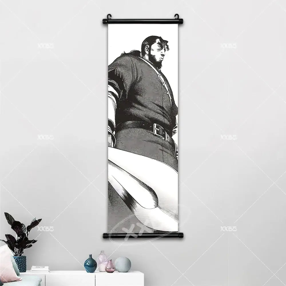 Black-and-white manga-style vinland saga wall art canvas poster featuring a muscular bearded character in detailed line art