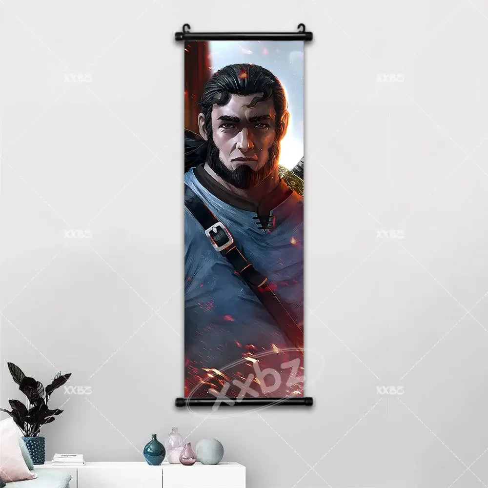 Vinland saga canvas poster featuring a detailed bearded warrior in blue with fiery accents on wall art scroll