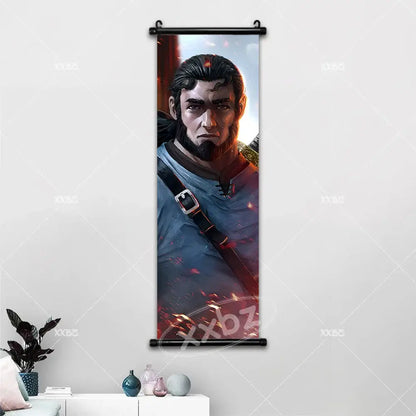 Vinland saga canvas poster featuring a detailed bearded warrior in blue with fiery accents on wall art scroll