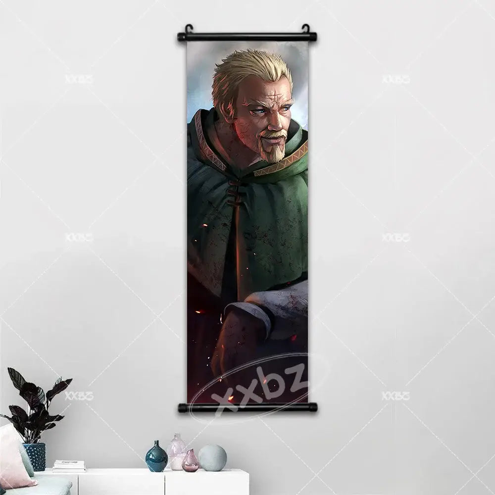 Vinland saga canvas poster wall art featuring a detailed illustration of a bearded man in a green hooded cloak on a hanging scroll