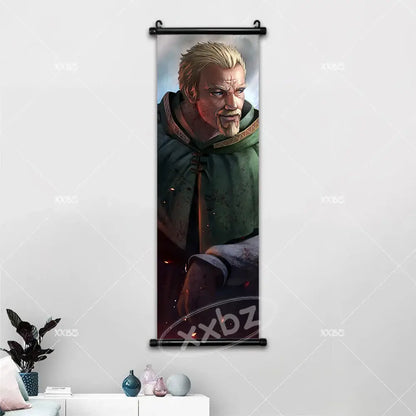 Vinland saga canvas poster wall art featuring a detailed illustration of a bearded man in a green hooded cloak on a hanging scroll