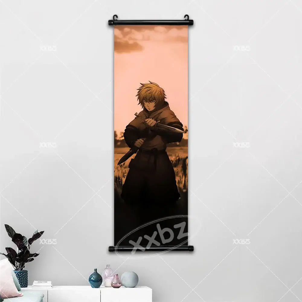 Vinland saga canvas poster wall art featuring thorfinn with spiky blonde hair holding a sword against sunset