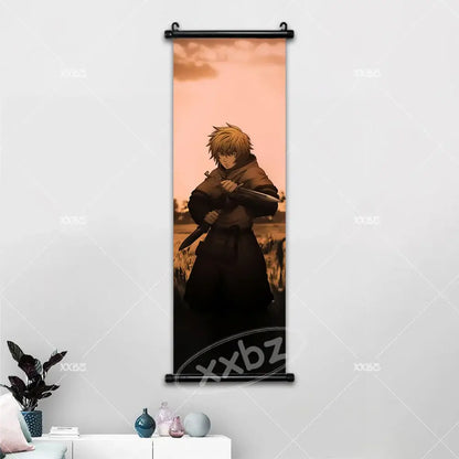 Vinland saga canvas poster wall art featuring thorfinn with spiky blonde hair holding a sword against sunset