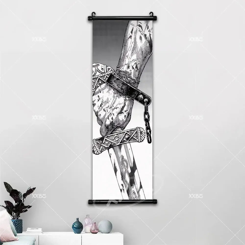 Black-and-white vinland saga canvas poster wall art featuring a detailed hand gripping a sword with ornate hilt and chain