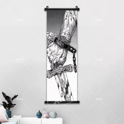 Black-and-white vinland saga canvas poster wall art featuring a detailed hand gripping a sword with ornate hilt and chain