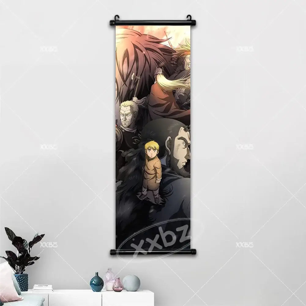 Vinland saga canvas poster anime-themed vertical scroll wall art featuring attack on titan characters with black roller hardware