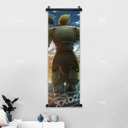 Vinland saga canvas poster wall art featuring a spiky blonde warrior in green armor on a battlefield scroll design