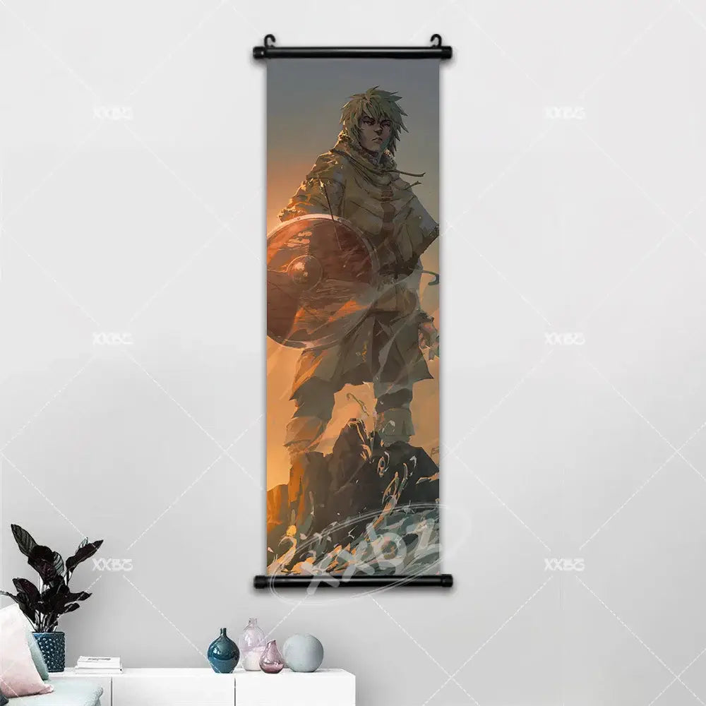 Vinland saga canvas poster wall art featuring a vertical scroll with an illustrated warrior in armor on warm background