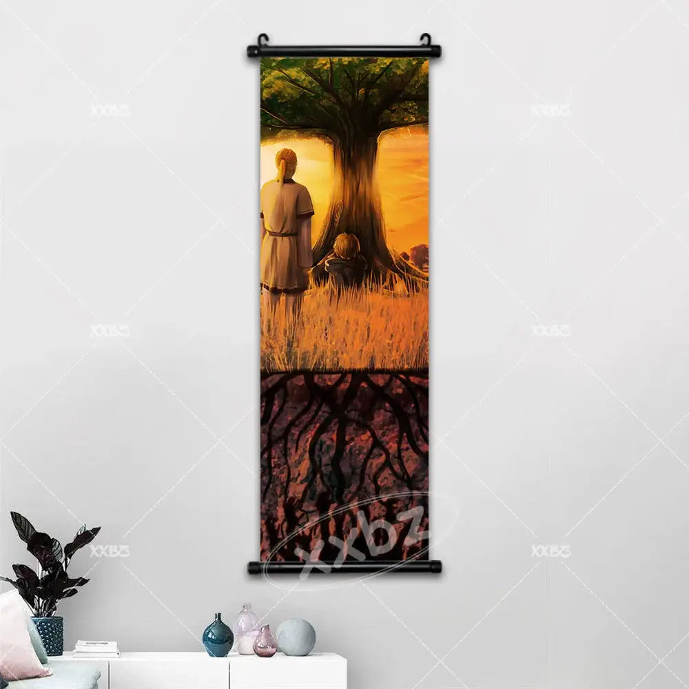Vinland saga canvas poster wall art featuring two figures under a tree at sunset with dark roots on earthy tones