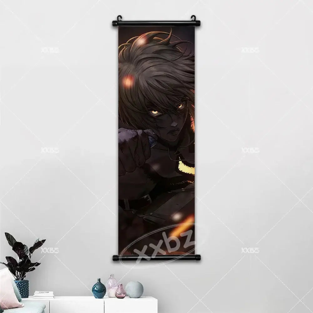 Vinland saga canvas poster wall art featuring black anime character with glowing orange eyes on black roller frame