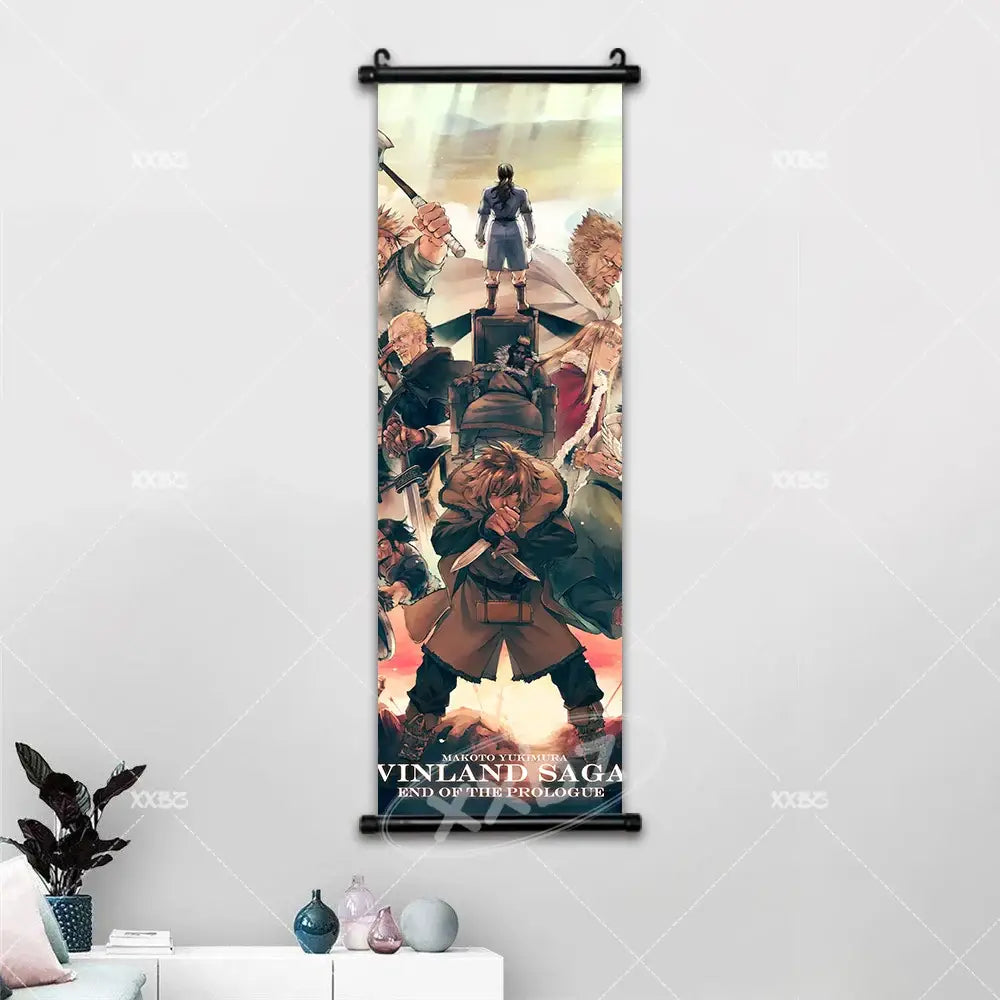 Vinland saga canvas poster wall art featuring a detailed anime-themed scroll with black metal roller hardware