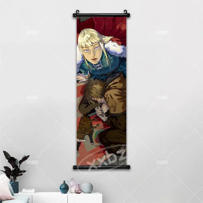 Vinland saga canvas poster wall art featuring a vertically hanging scroll of a blonde character in blue fur-trimmed attire