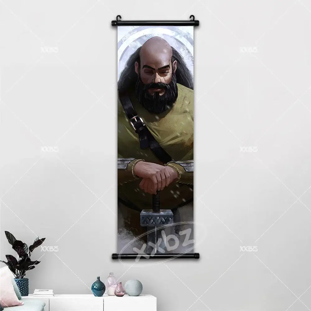 A vinland saga canvas poster wall art featuring a detailed illustration of a bald bearded warrior in olive-green armor holding a hammer