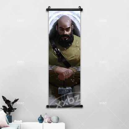 A vinland saga canvas poster wall art featuring a detailed illustration of a bald bearded warrior in olive-green armor holding a hammer