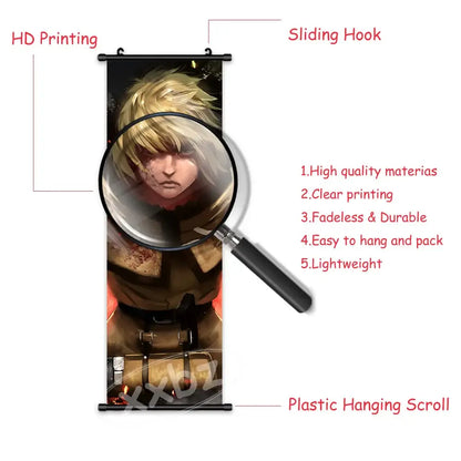 A black plastic hanging scroll with hd printed vinland saga canvas poster featuring blonde anime character wall art