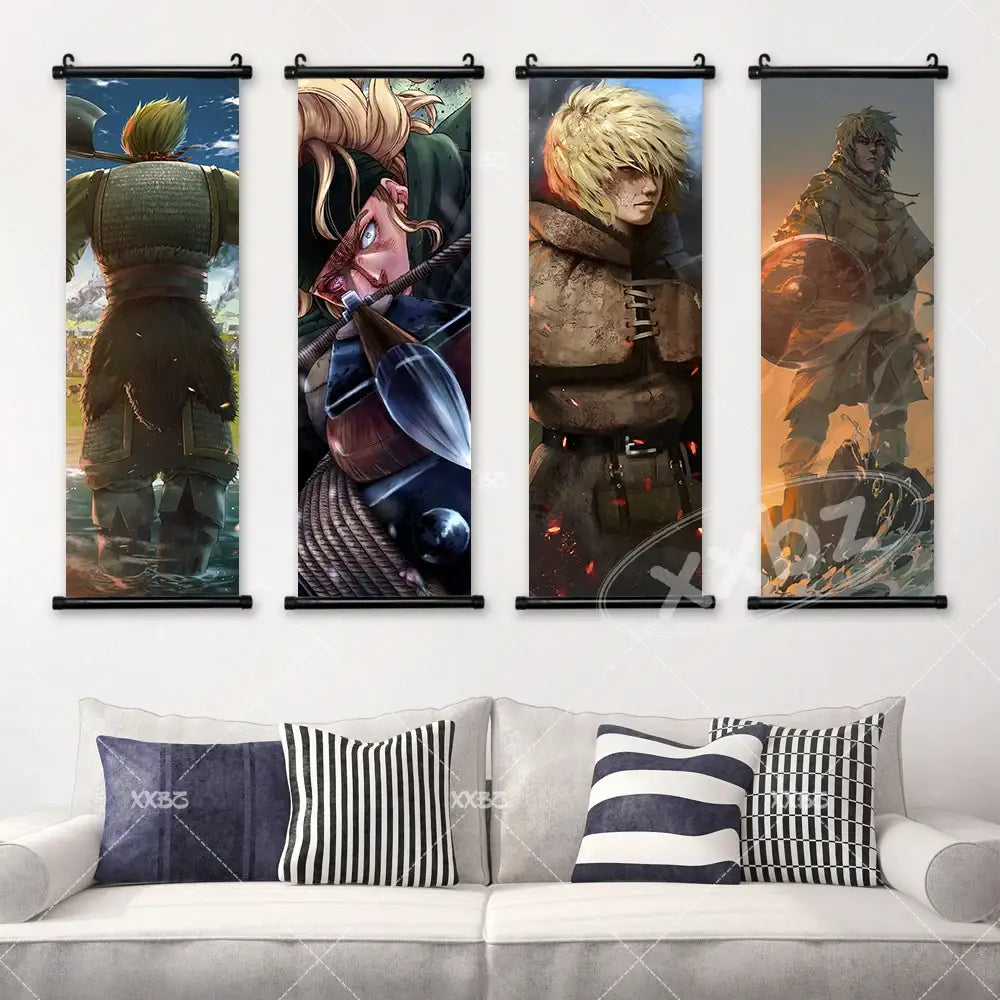 Vinland saga canvas poster featuring four vertical anime wall art scrolls with detailed armored warrior illustrations
