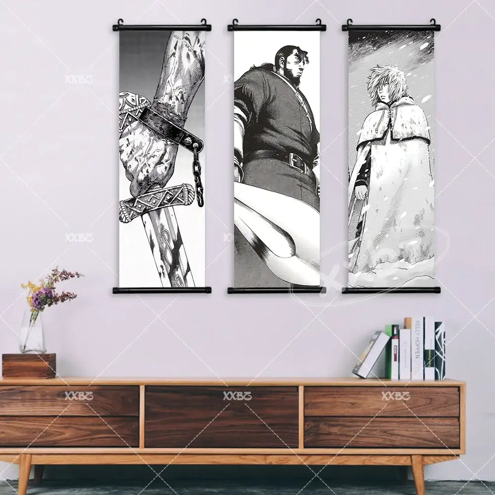 Vinland saga canvas poster wall art featuring three black and white manga style characters and a sword on a purple wall